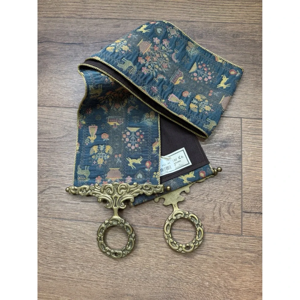 Corona Decor Co Bell Pull Tapestry Sampler Blue Brass Hardware Wall Hanging